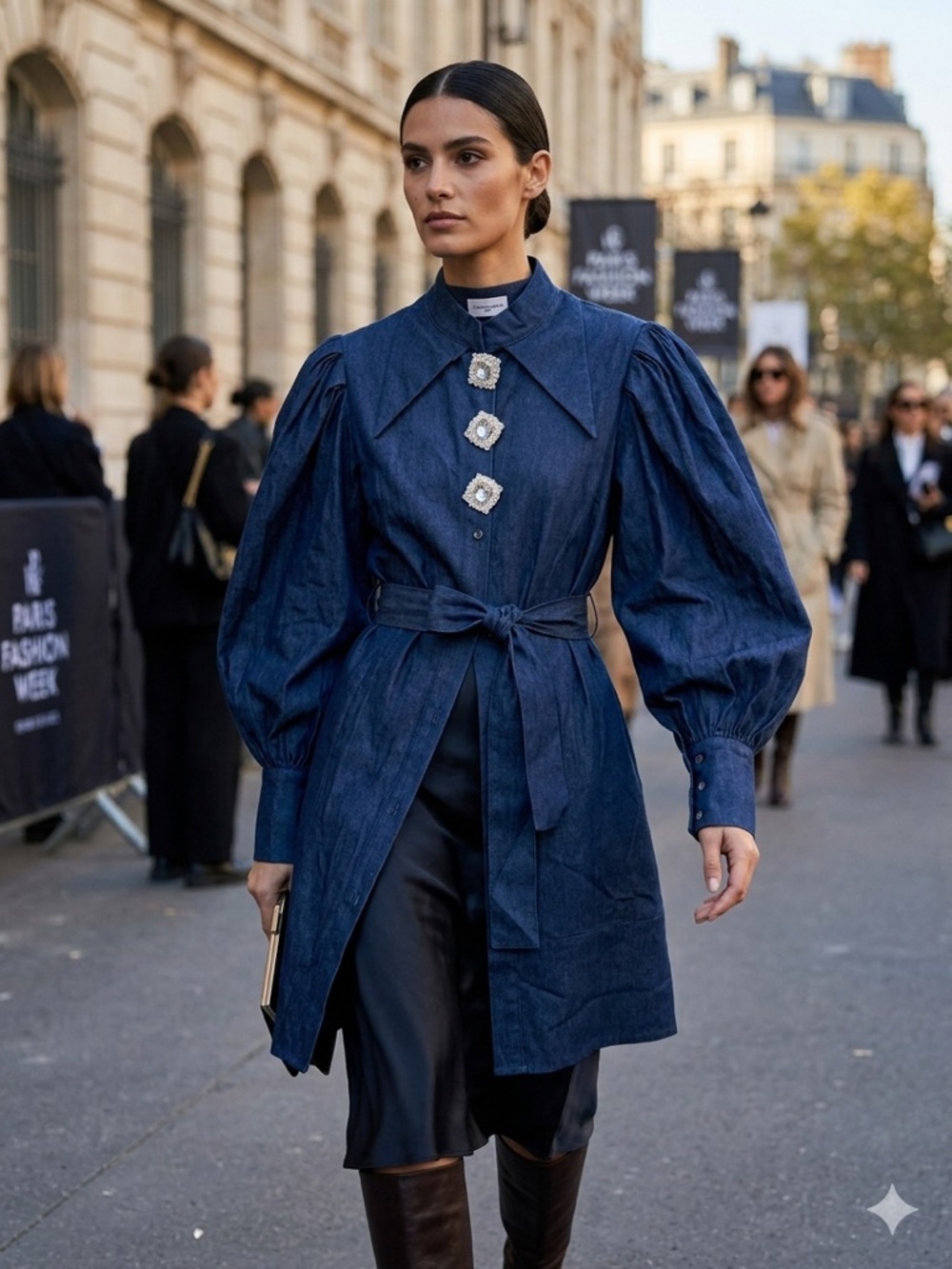 Dark Blue Puff Sleeve Tie-Waist dress with Embellished Buttons